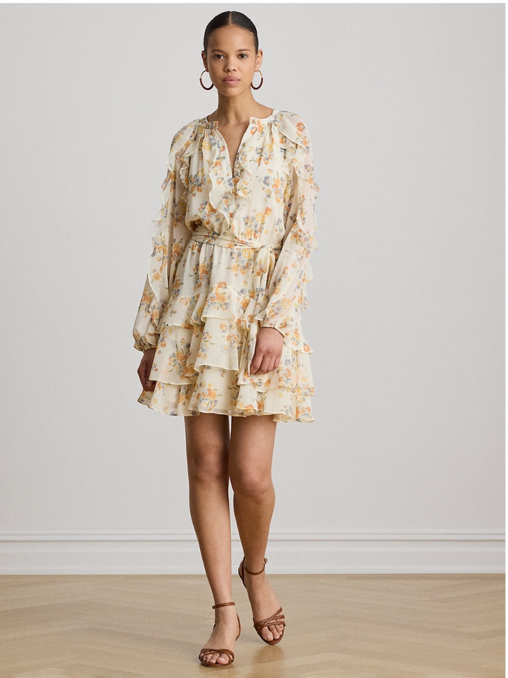 LAUREN RALPH LAUREN Ruffle-Trim Tiered Dress Long Sleeve Floral Cream Multi Sz 6